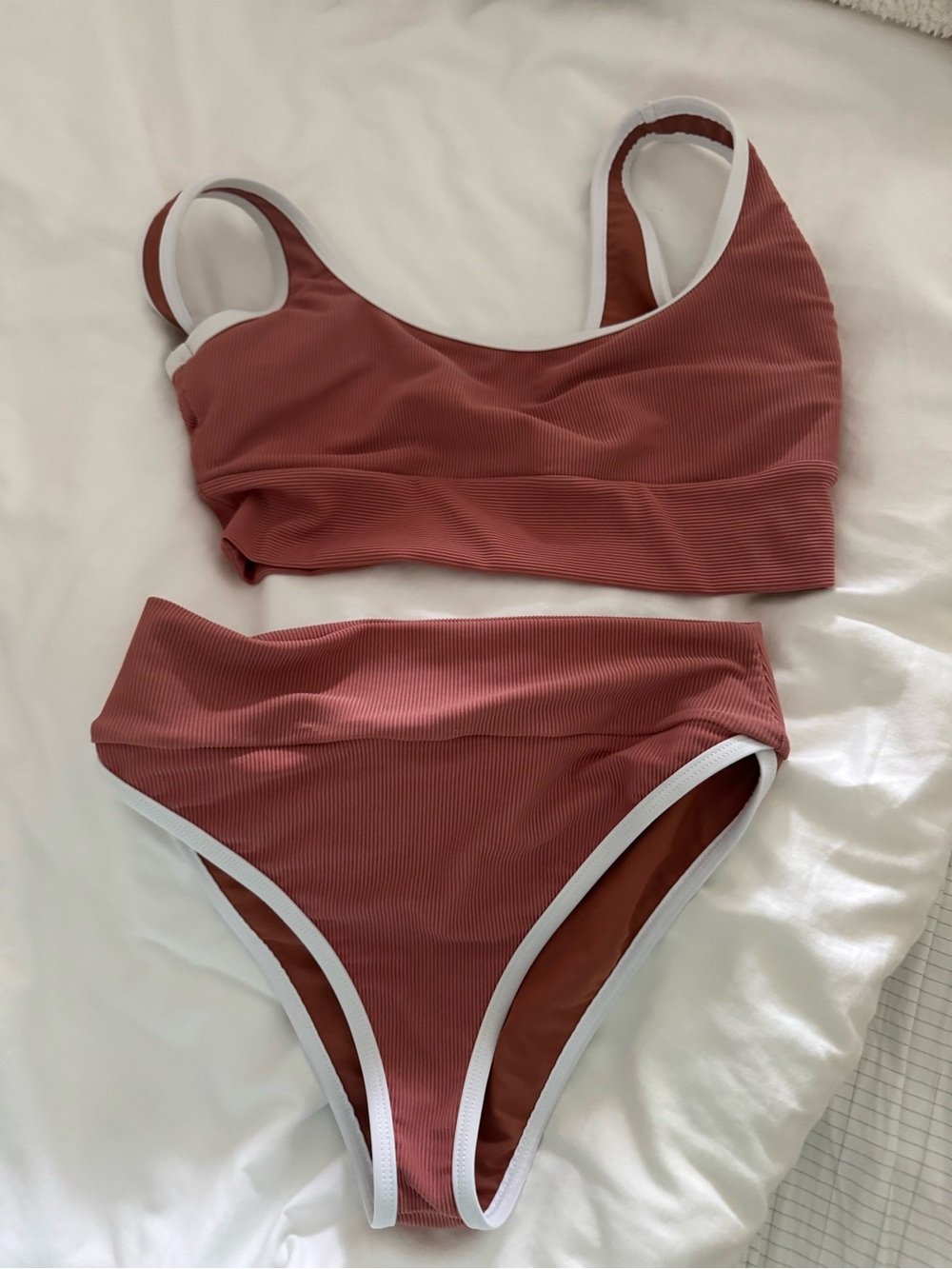 LainSnow Rusty Rose Ribbed Two-Piece Bikini with White Trim